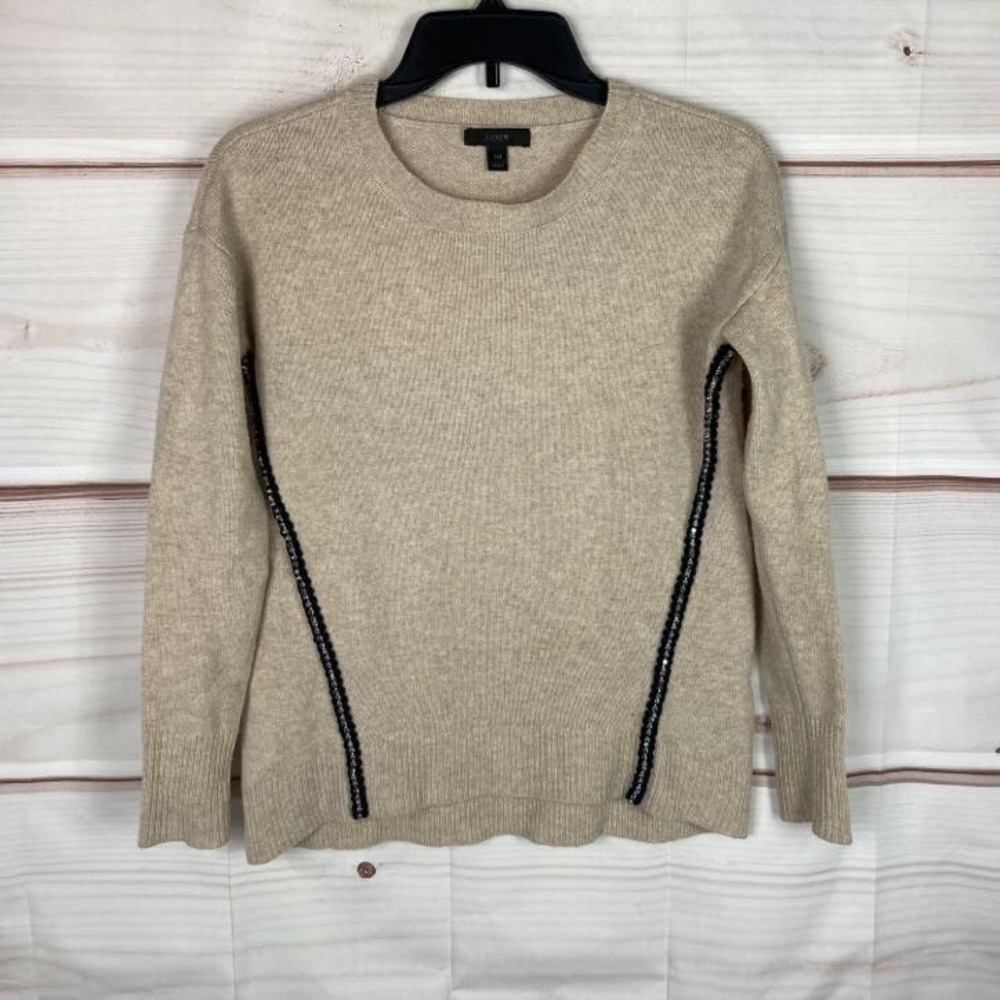J. Crew Sweater Womens XXS Beige 100% Wool Rhinestone Braid Pullover Long Sleeve